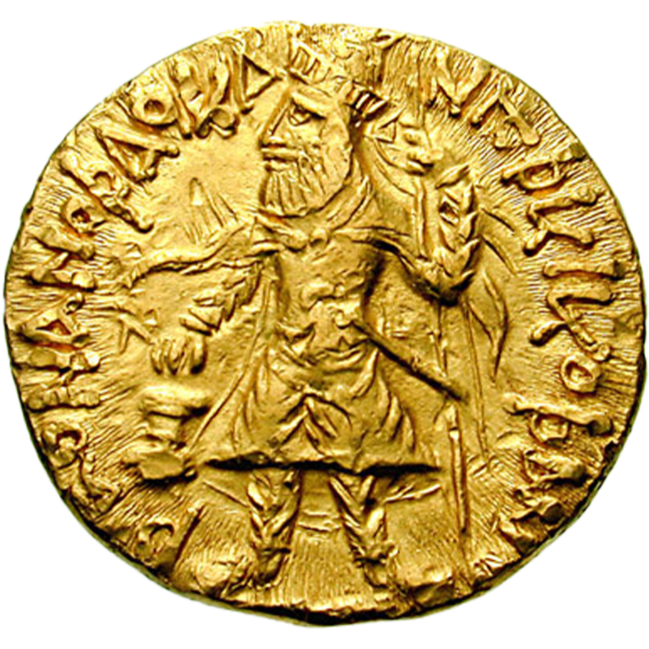 Gold coin of Kanishka. Greco-Bactrian legend: ϷΑΟΝΑΝΟϷΑΟ ΚΑΝΗϷΚΙ ΚΟϷΑΝΟ Shaonanoshao Kanishki Koshano "King of Kings, Kanishka the Kushan"