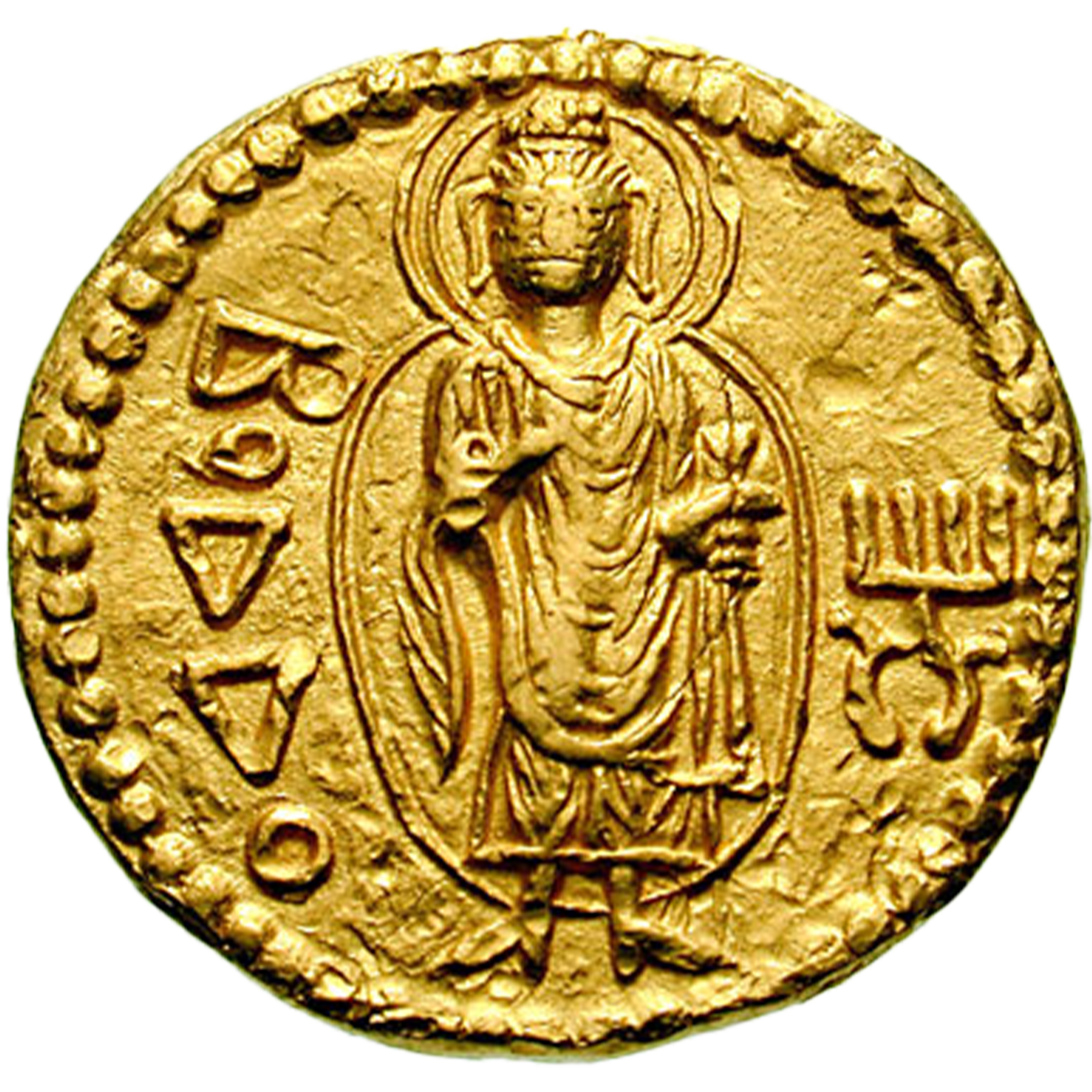 An emboss of deities worshipped by Emperor Kanishka of the Kushana Dynastry in solid gold coins invented by him